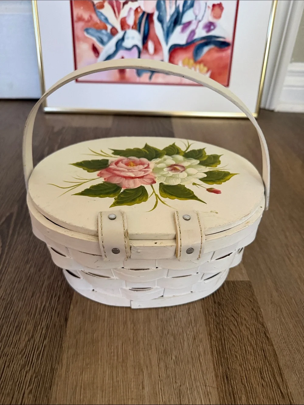Cottagecore White Floral wooden Wicker Basket purse
